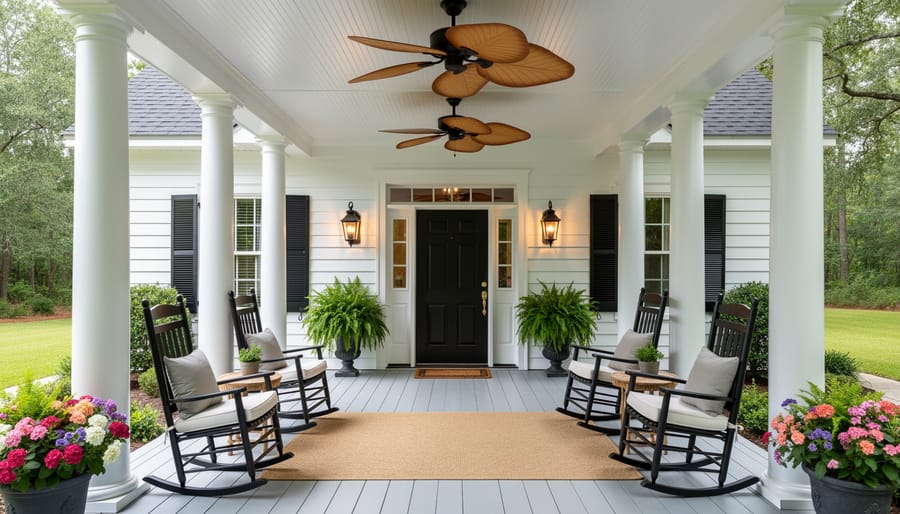 Wide covered Southern porch with rocking chairs, shuttered windows, and a welcoming front entry in warm golden-hour light