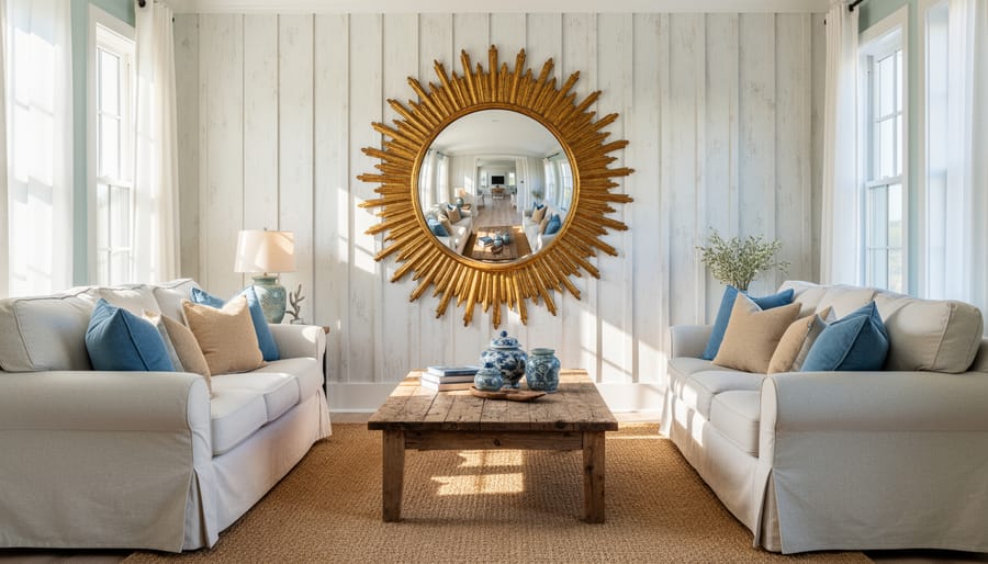Vintage-inspired convex sunburst mirror with gilded rays on a coastal cottage wall