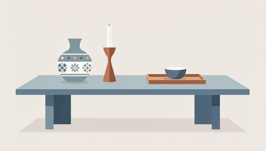 Overhead view of a styled dining table blending coastal greenery, warm ceramics, and textured natural fabrics in a harmonious color palette.