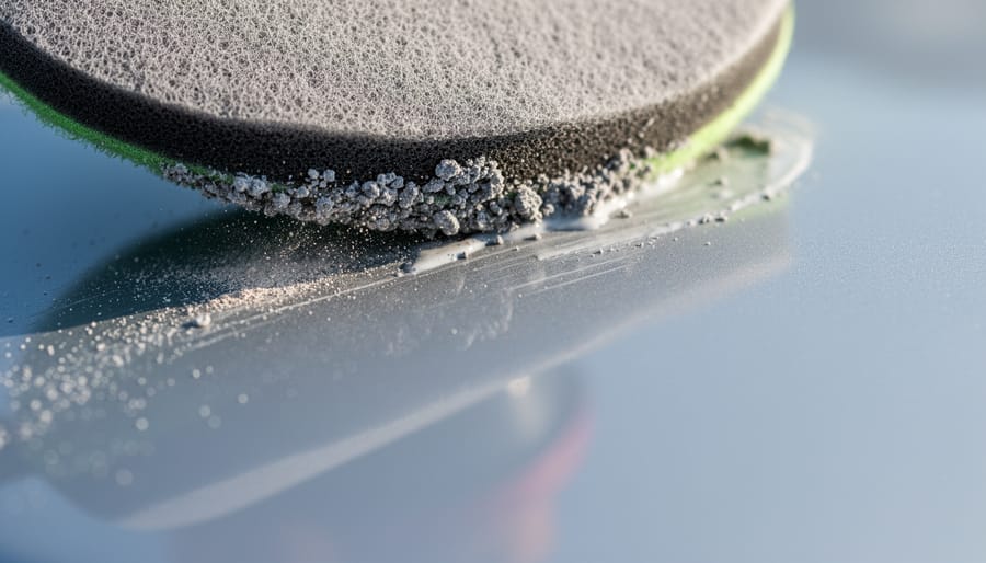 Close-up of a buffing pad with polishing compound being used on a car clear coat surface.