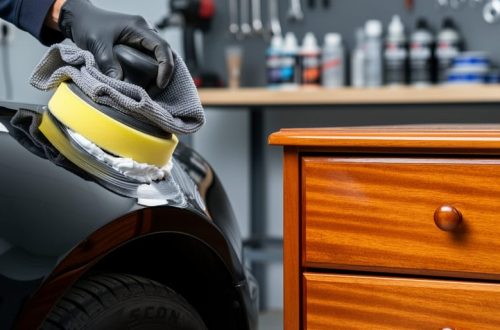 Close-up of a buffing pad and microfiber cloth polishing a glossy car fender next to a lacquered wooden drawer in a workshop setting.
