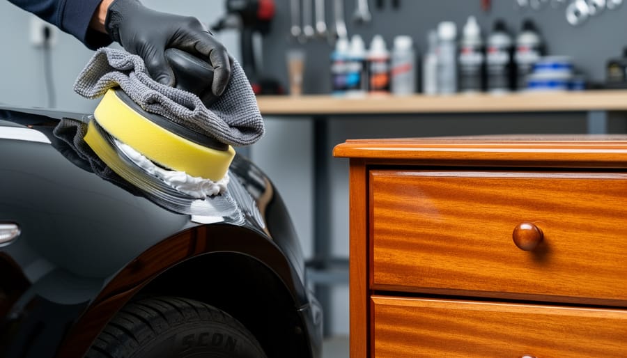 Close-up of a buffing pad and microfiber cloth polishing a glossy car fender next to a lacquered wooden drawer in a workshop setting.