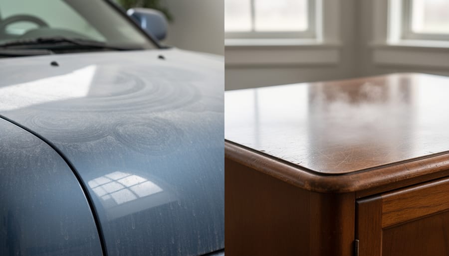 A faded car paint panel and a dulled lacquered wooden dresser drawer placed side-by-side showing loss of gloss.