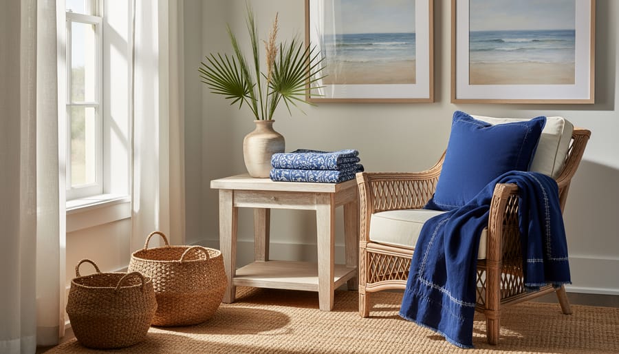 Indigo textiles, woven basket, and a brass lamp in a refined Lowcountry-style living room vignette with soft coastal daylight.