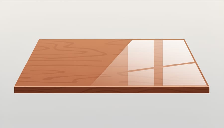 Lacquered wooden tabletop with restored glossy reflection from window light, showing improved depth on the wood surface.