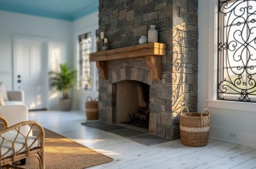 Sunlit South Carolina living room with whitewashed wood, woven natural textures, subtle haint-blue accent, elegant black ironwork, and a warm stone fireplace.