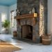 Sunlit South Carolina living room with whitewashed wood, woven natural textures, subtle haint-blue accent, elegant black ironwork, and a warm stone fireplace.