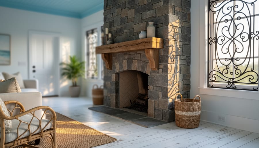 Sunlit South Carolina living room with whitewashed wood, woven natural textures, subtle haint-blue accent, elegant black ironwork, and a warm stone fireplace.
