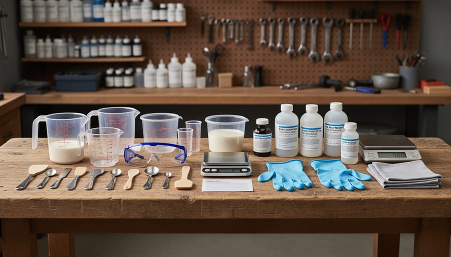 Workshop tools including an orbital buffer, foam polishing pads, microfiber towels, and cleaner bottles arranged on a garage floor.