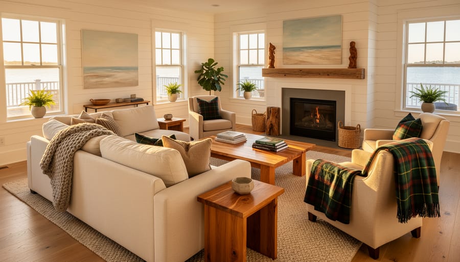 Coastal living room with textured textiles, ceramic decor, and a minimalist wooden sideboard in warm golden light.