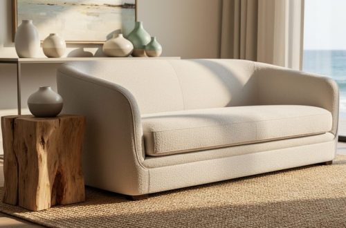 Sunlit coastal living room with modern neutral sofa, natural wood side table, woven rug, and layered ceramic decor arranged in a styled vignette.
