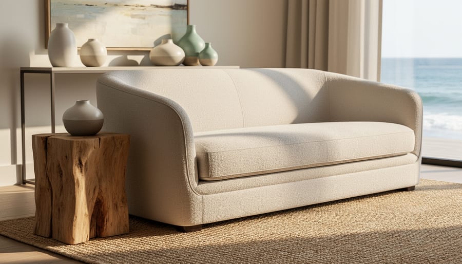 Sunlit coastal living room with modern neutral sofa, natural wood side table, woven rug, and layered ceramic decor arranged in a styled vignette.