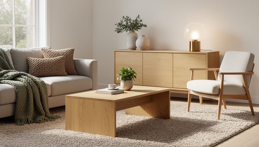 Cozy living room vignette with an oak console, ceramic decor, and knit throw in soft natural light.