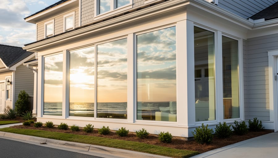 Coastal house exterior with bright, freshly cleaned bay windows reflecting the sky and palm trees