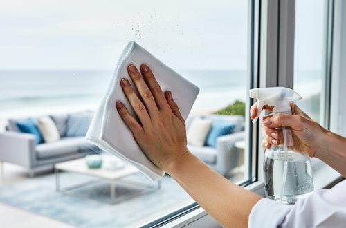Hands wiping a clear window with a microfiber cloth and spray bottle in a bright coastal home with an ocean view outside.