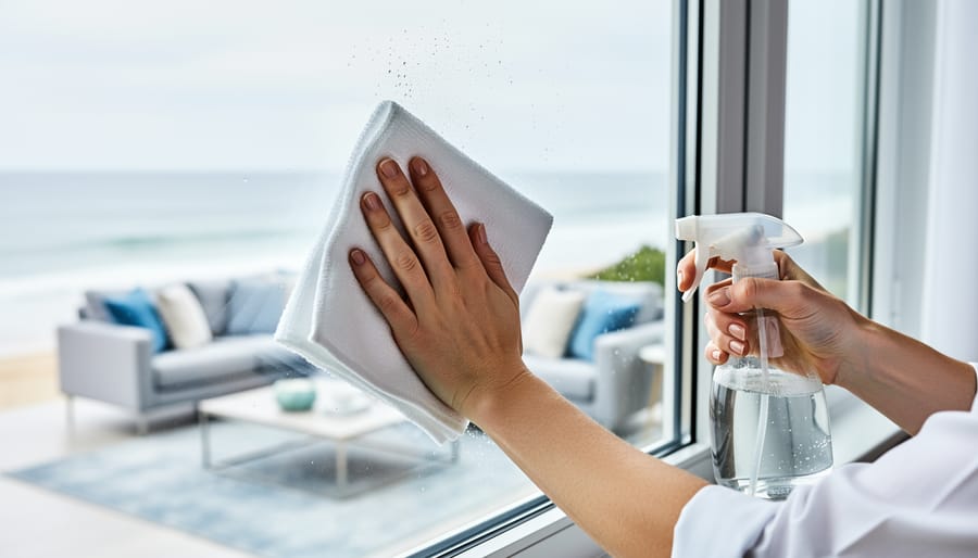 Hands wiping a clear window with a microfiber cloth and spray bottle in a bright coastal home with an ocean view outside.