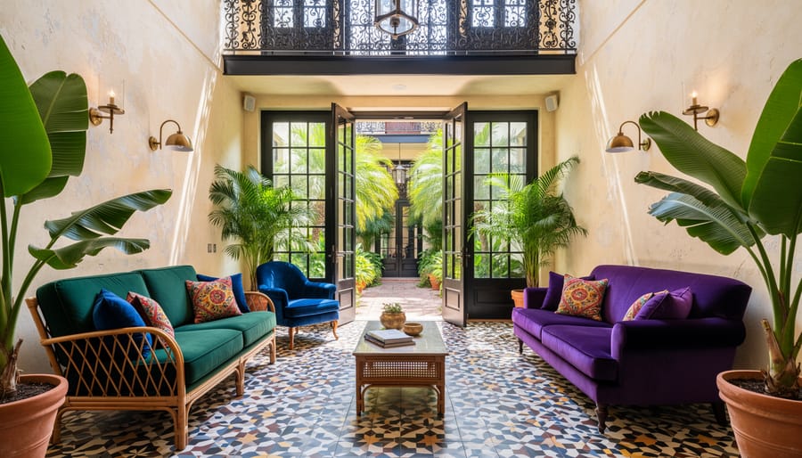 Jewel-toned interior with wrought-iron accents, patterned tiles, and potted tropical plants in a courtyard-like space.