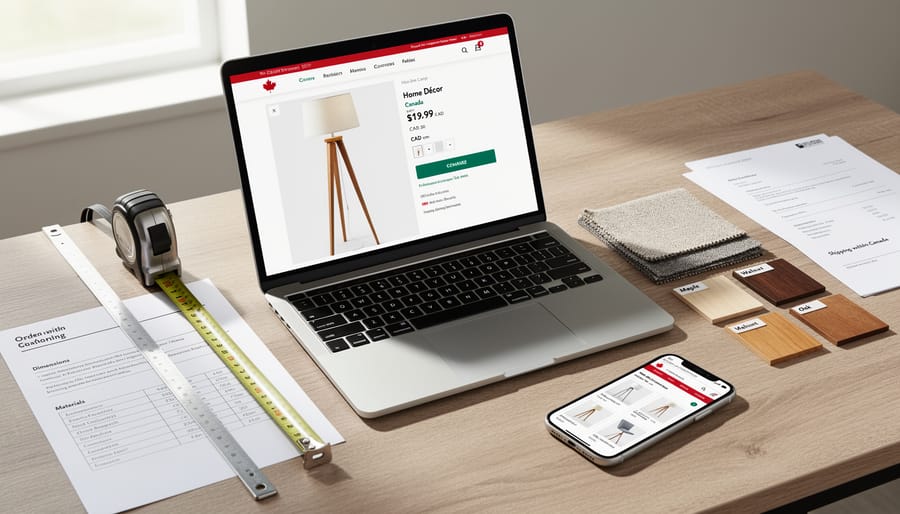 Close-up of a desk with measuring tape, fabric swatches, and a phone face-down suggesting online shopping for home decor.