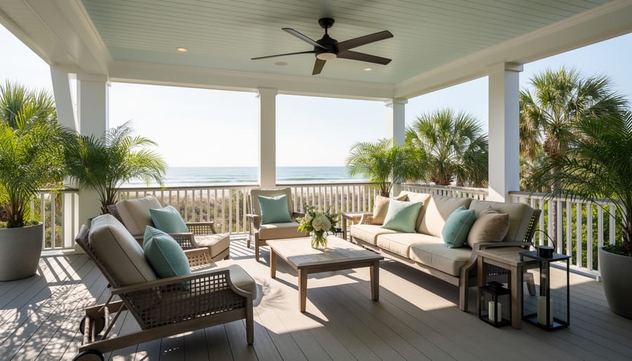 Gulf Coast porch with palm-pattern cushions and hurricane-ready outdoor furniture under soft light.