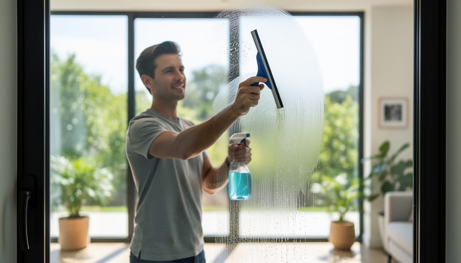 Homeowner cleaning an indoor window with a squeegee to make the glass clear and streak-free