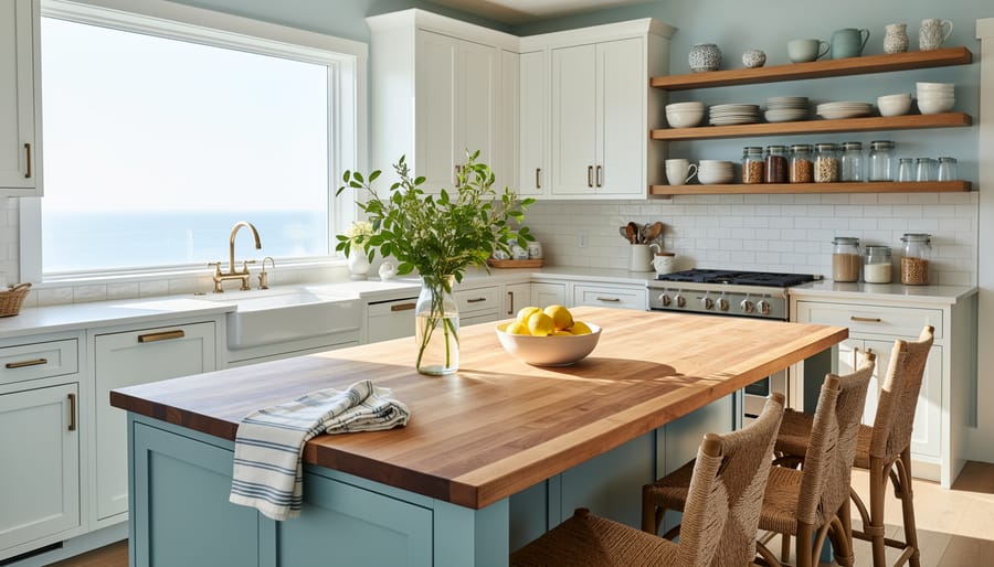 Butcher block wood countertop with cutting board and lemons under warm light