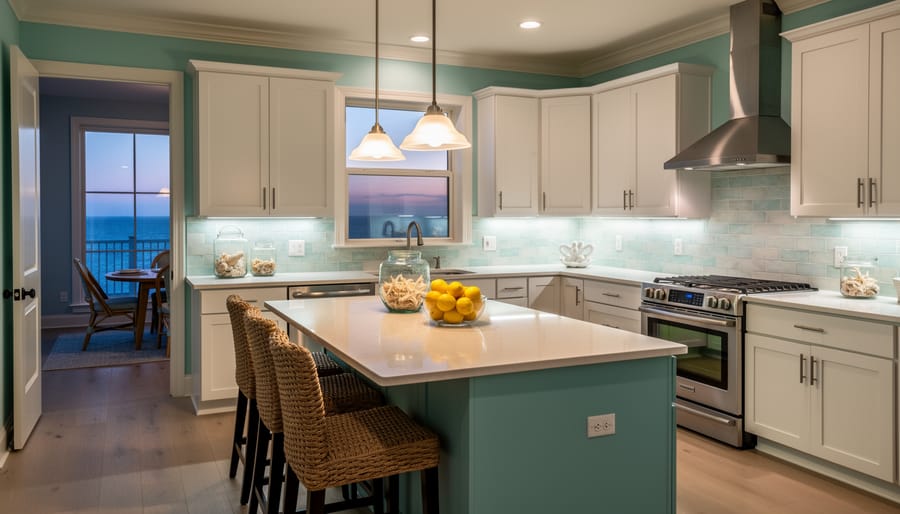 Evening view of kitchen with pendant lights and under-cabinet lighting over a countertop