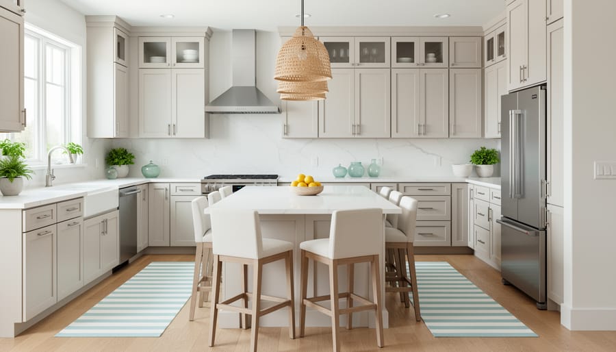 Bright coastal-inspired kitchen with white Shaker cabinets and light quartz countertops