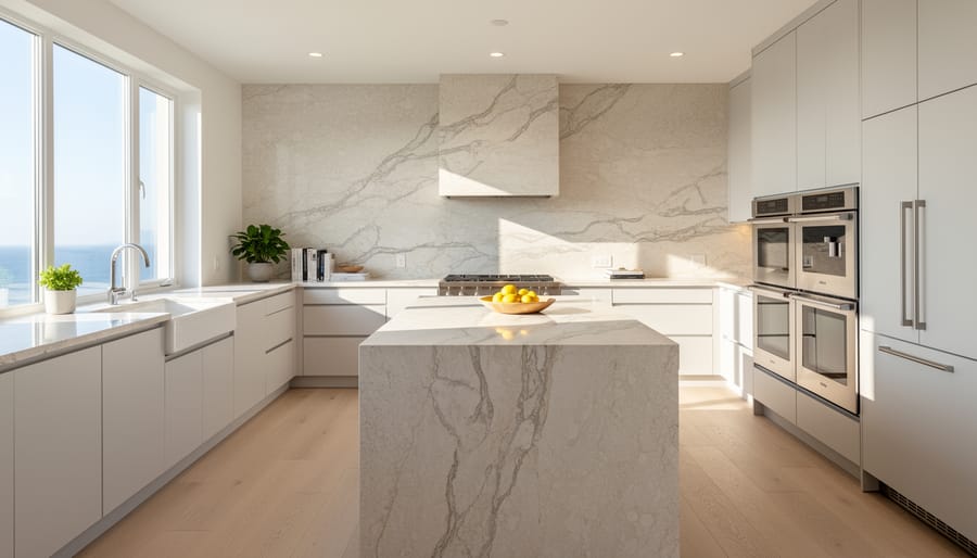 Close-up view of light natural stone countertop with subtle veining