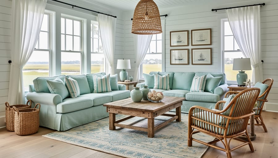Sunlit coastal living room with seafoam accents, weathered wood, and a sweetgrass basket.