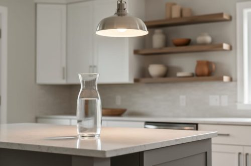 “Modern kitchen featuring quartz countertops, shaker-style white cabinetry, and a pendant light creating warm illumination.”