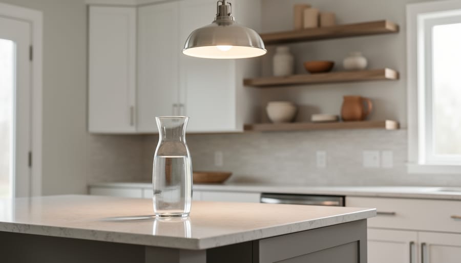“Modern kitchen featuring quartz countertops, shaker-style white cabinetry, and a pendant light creating warm illumination.”