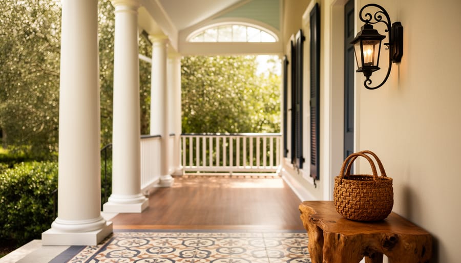 Sunlit Southern porch and interior with white columns, wrought-iron decor, indigo textiles, and a sweetgrass basket on a cypress table, suggesting diverse regional craftsmanship.